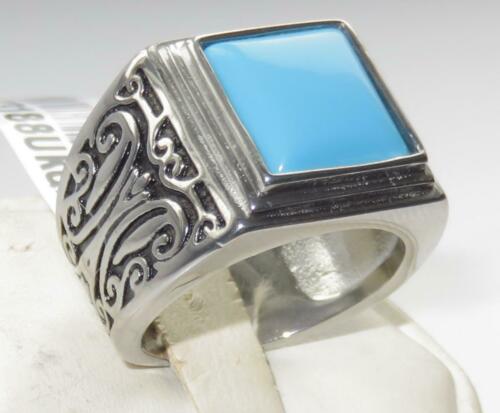 Jewellery Kingdom Square Signet Stainless Steel Chunky Mens Turquoise Ring (Silver) - Rings - British D'sire Main image