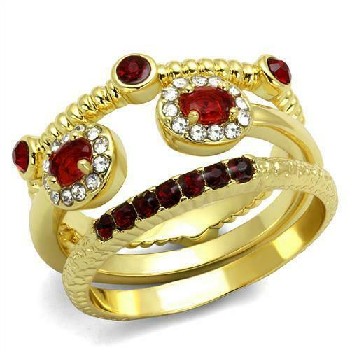 Jewellery Kingdom Stacking 3 Pieces 18KT Pretty Cubic Zirconia Bands Ladies Ruby Ring Set (Gold) - Jewelry Rings - British D'sire Main image