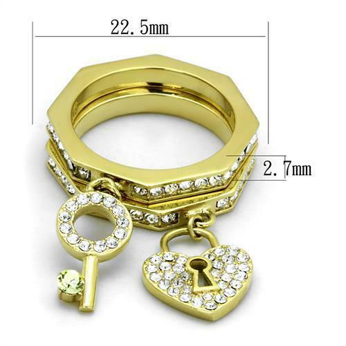 Jewellery Kingdom Stacking Bands Charm Lock Key Steel Ladies Ring Set (Gold) Secondary image