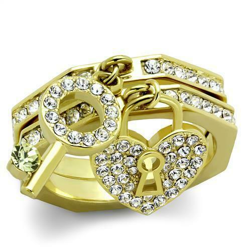 Jewellery Kingdom Stacking Bands Charm Lock Key CZ Steel Ladies Ring Set (Gold) - Rings - British D'sire Main image