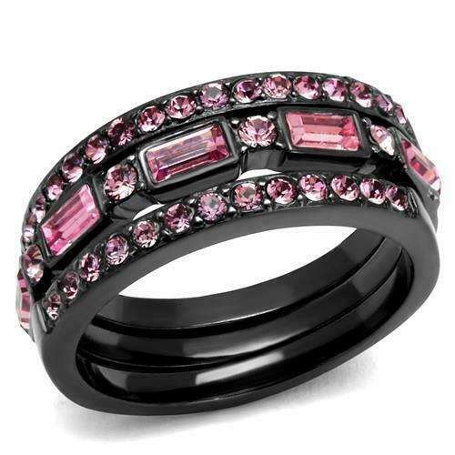 Jewellery Kingdom Stacking Black Bands Ladies Emerald Cuts Cubic Zirconia Ring (Pink) - Jewelry Rings - British D'sire Main image