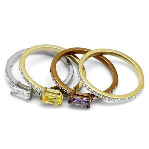 Jewellery Kingdom Stacking Emerald Cut Bands Multi Coloured Cubic Zirconia Ring Set - Rings - British D'sire