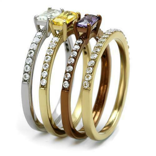 Jewellery Kingdom Stacking Emerald Cut Bands Multi Coloured Cubic Zirconia Ring Set - Rings - British D'sire