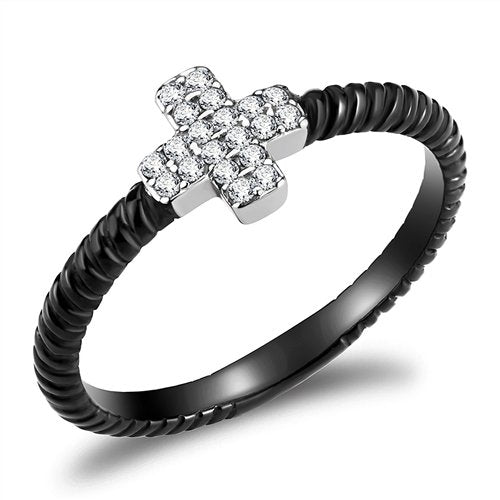 Jewellery Kingdom Stainless Steel Cross Over CZ Flat Pretty Ladies Cross Ring (Black) - Jewelry Rings - British D'sire Main image