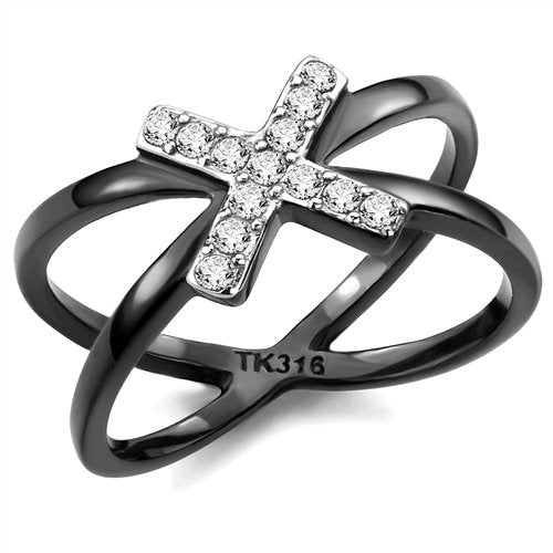 Jewellery Kingdom Stainless Steel Crossover Cubic Zirconia Band Ring (Black) - Rings - British D'sire Main image