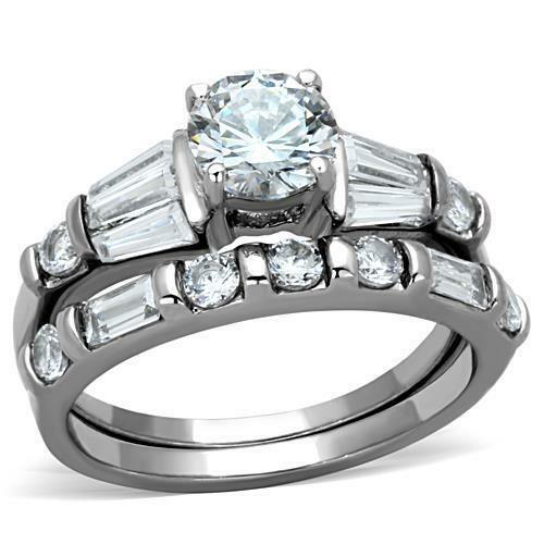 Jewellery Kingdom Stainless Steel Cubic Zirconia Band Baguettes 3CT Engagement Ring Set - Jewelry Rings - British D'sire Main image