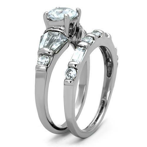 Jewellery Kingdom Stainless Steel Cubic Zirconia Band Baguettes 3CT Engagement Ring Set - Jewelry Rings - British D'sire