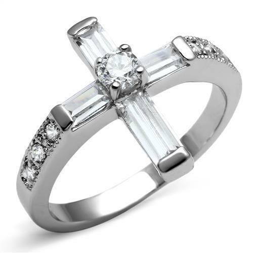 Jewellery Kingdom Stainless Steel Cubic Zirconia Emerald Cut Ladies Cross Ring (Silver) - Rings - British D'sire Main image