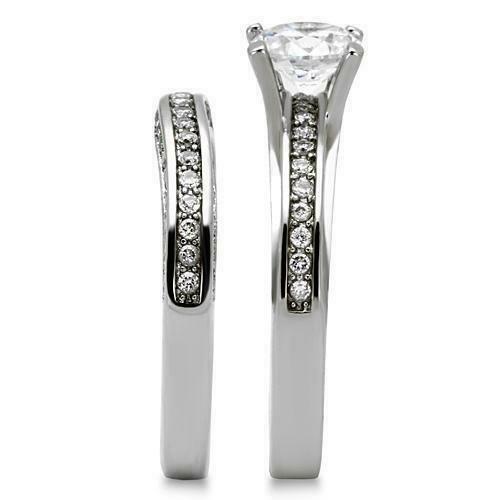 Jewellery Kingdom Stainless Steel Cubic Zirconia Engagement Wedding Band Ring Set (Silver) - Engagement Rings - British D'sire