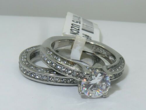 Jewellery Kingdom Stainless Steel Cubic Zirconia Engagement Wedding Band Ring Set (Silver) - Engagement Rings - British D'sire