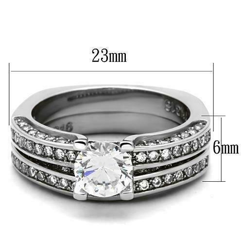 Jewellery Kingdom Stainless Steel Cubic Zirconia Engagement Wedding Band Ring Set (Silver) - Engagement Rings - British D'sire