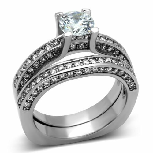 Jewellery Kingdom Stainless Steel Cubic Zirconia Engagement Wedding Band Ring Set (Silver) - Engagement Rings - British D'sire