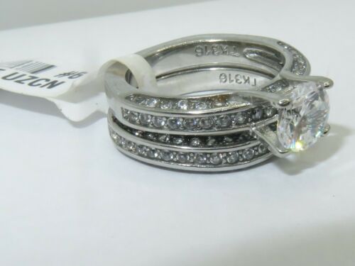 Jewellery Kingdom Stainless Steel Cubic Zirconia Engagement Wedding Band Ring Set (Silver) - Engagement Rings - British D'sire