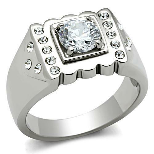 Jewellery Kingdom Stainless Steel Cubic Zirconia Silver Studded Square Mens Signet Ring - Jewelry Rings - British D'sire Main image