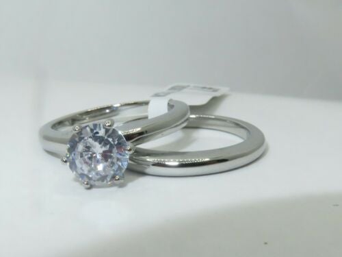 Jewellery Kingdom Stainless Steel Engagement Wedding Plain Solitaire Ring Set Band (Silver) - Engagement Rings - British D'sire