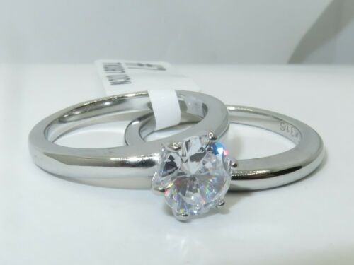 Jewellery Kingdom Stainless Steel Engagement Wedding Plain Solitaire Ring Set Band (Silver) - Engagement Rings - British D'sire Main image