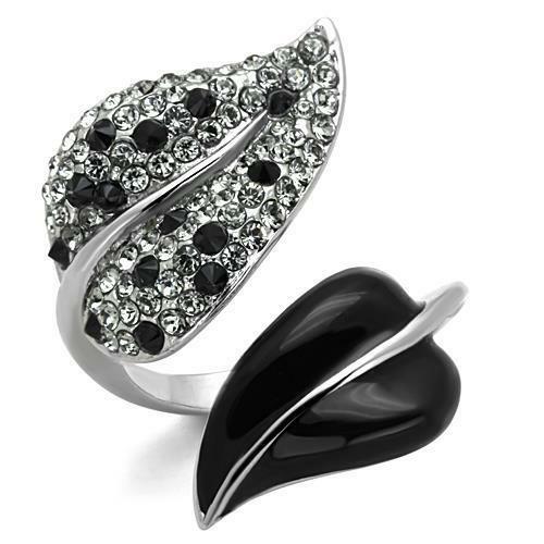 Jewellery Kingdom Stainless Steel Jet Cubic Zirconia Ladies Leaf Ring Black - Jewelry Rings - British D'sire Main image