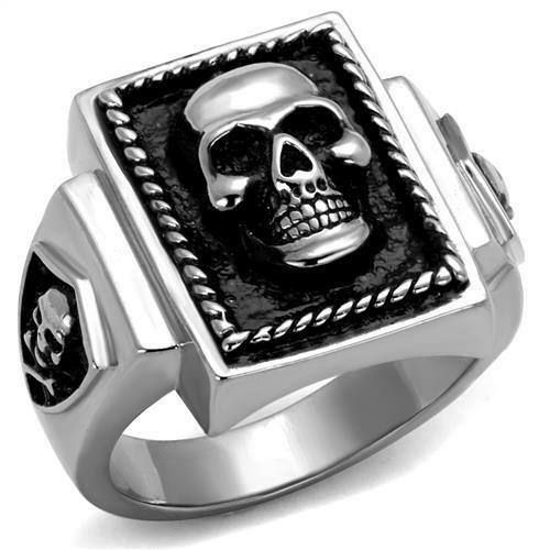 Jewellery Kingdom Stainless Steel Signet Blackened Biker Goth Silver Stamped Mens Skull Ring - Jewelry Rings - British D'sire