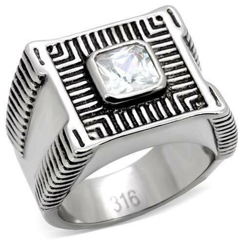 Jewellery Kingdom Stainless Steel Signet Square Princess Cut Clear Silver 3CT Mens Cubic Zirconia Ring - Rings - British D'sire Main image