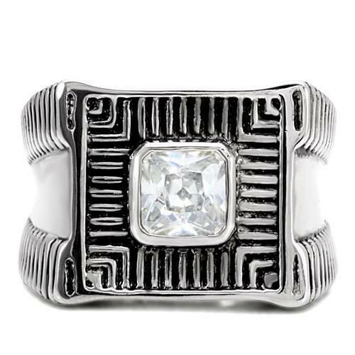 Jewellery Kingdom Stainless Steel Signet Square Princess Cut Clear Silver 3CT Mens Cubic Zirconia Ring - Rings - British D'sire