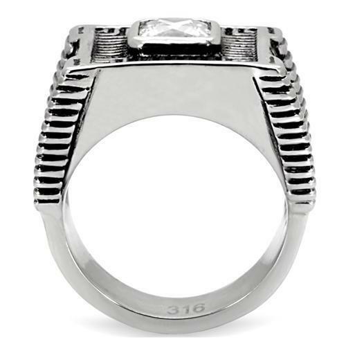 Jewellery Kingdom Stainless Steel Signet Square Princess Cut Clear Silver 3CT Mens Cubic Zirconia Ring - Rings - British D'sire