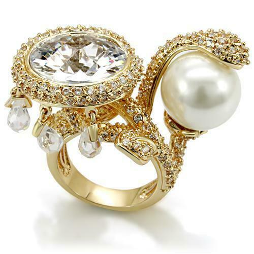 Jewellery Kingdom Statement Womens Simulated Diamonds Pearl Charms Dangle Snake Ring (Gold) - Jewelry Rings - British D'sire Main image