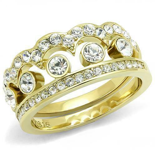 Jewellery Kingdom Steel Bezel Ladies Stacking Wedding Band Ring Set (Gold) - Rings - British D'sire Main image