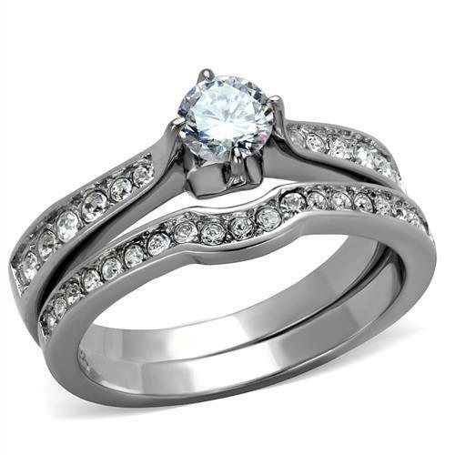 Jewellery Kingdom Steel Cubic Zirconia Band Solitaire Wedding Engagement Silver Ring Set - Engagement Rings - British D'sire Main image