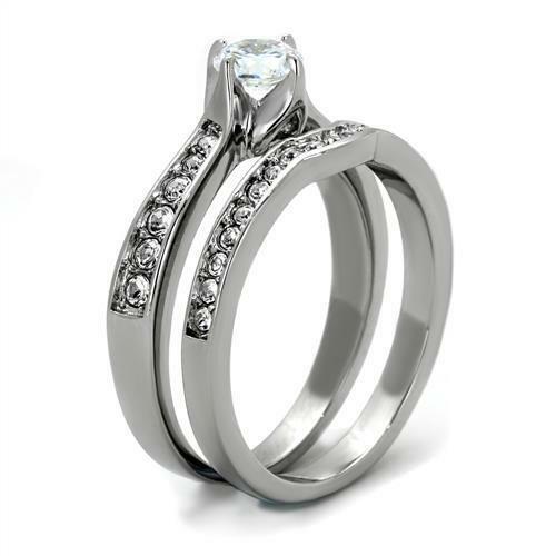 Jewellery Kingdom Steel Cubic Zirconia Band Solitaire Wedding Engagement Silver Ring Set - Engagement Rings - British D'sire