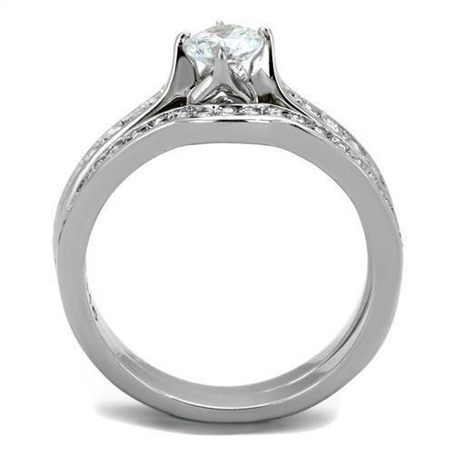 Jewellery Kingdom Steel Cubic Zirconia Band Solitaire Wedding Engagement Silver Ring Set - Engagement Rings - British D'sire