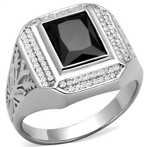 Jewellery Kingdom Sterling Jet Gemstone Cubic Zirconia Pinky Stamped Italian Mens Signet Ring (Silver& Black) - Mens Fine Jewellery - British D'sire
