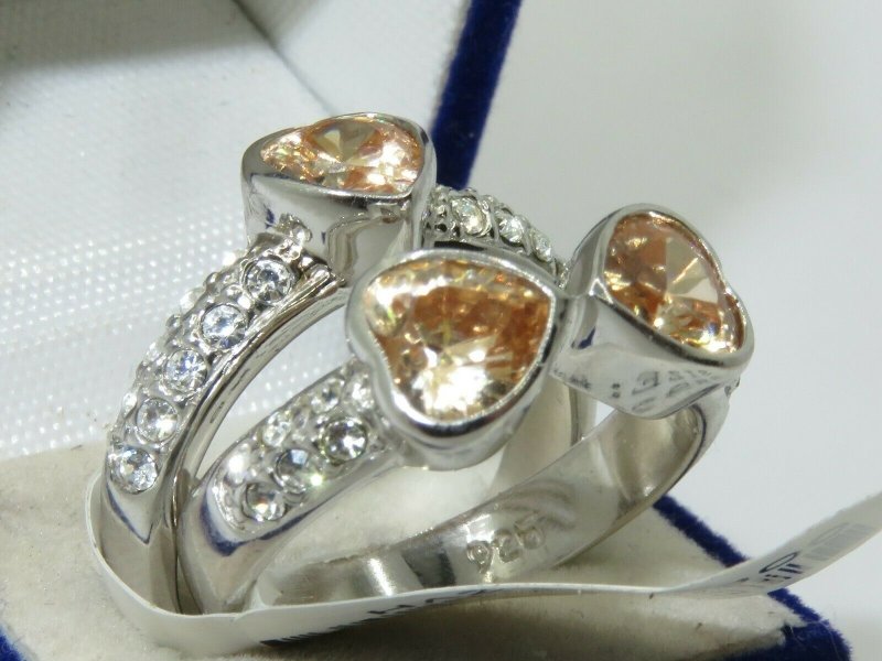 Jewellery Kingdom Sterling Silver 925 Heart Bezel Simulated Diamonds Champagne Ring Set Band - Jewelry Rings - British D'sire Main image