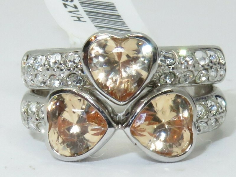 Jewellery Kingdom Sterling Silver 925 Heart Bezel Simulated Diamonds Champagne Ring Set Band - Jewelry Rings - British D'sire