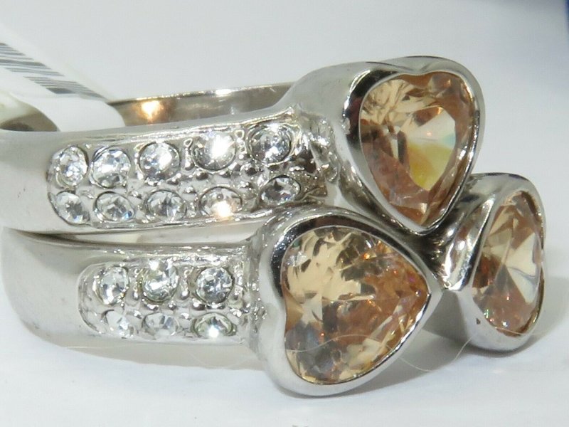 Jewellery Kingdom Sterling Silver 925 Heart Bezel Simulated Diamonds Champagne Ring Set Band - Jewelry Rings - British D'sire
