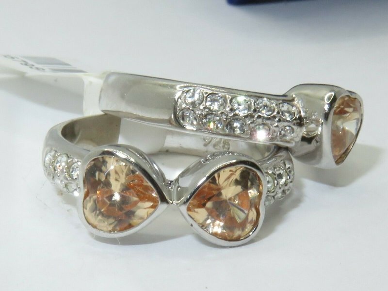 Jewellery Kingdom Sterling Silver 925 Heart Bezel Simulated Diamonds Champagne Ring Set Band - Jewelry Rings - British D'sire