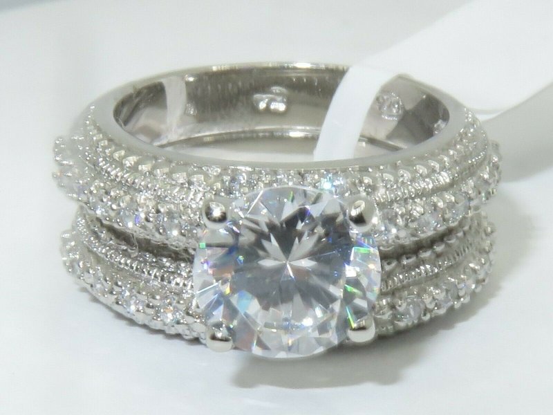 Jewellery Kingdom Sterling Silver CZ Solitaire Pave Engagement Ladies Wedding Band Ring Set - Jewelry Rings - British D'sire Main image
