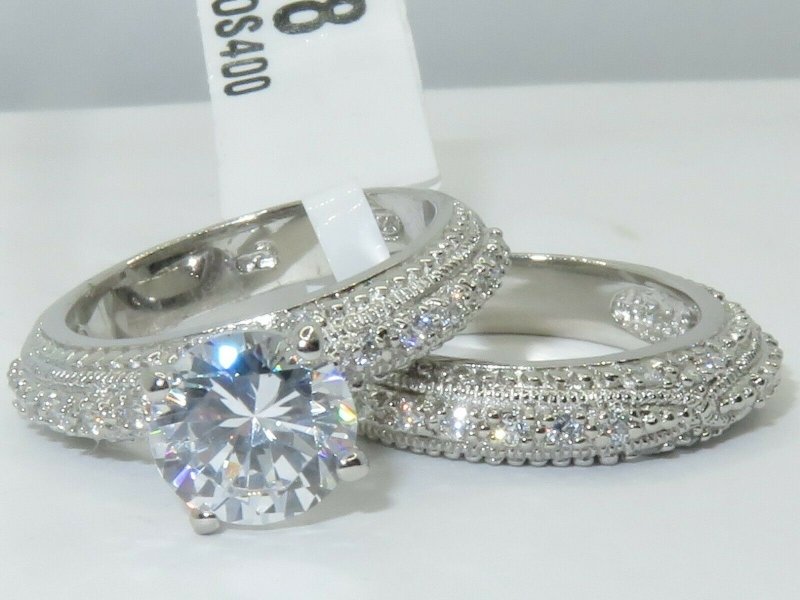 Jewellery Kingdom Sterling Silver CZ Solitaire Pave Engagement Ladies Wedding Band Ring Set - Jewelry Rings - British D'sire