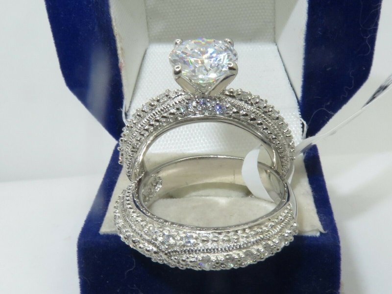 Jewellery Kingdom Sterling Silver CZ Solitaire Pave Engagement Ladies Wedding Band Ring Set - Jewelry Rings - British D'sire