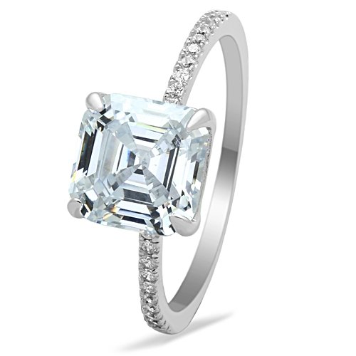 Jewellery Kingdom Sterling Solitaire Accents 3 CT Engagement Ladies Asscher Cut Ring (Silver - Rings - British D'sire