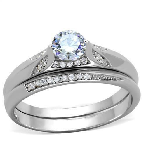 Jewellery Kingdom Sterling Solitaire Cubic Zirconia Ladies Engagement Wedding Band Ring Set (Silver) - Jewelry Rings - British D'sire Main image