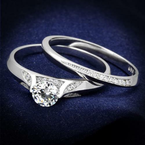 Jewellery Kingdom Sterling Solitaire Cubic Zirconia Ladies Engagement Wedding Band Ring Set (Silver) - Jewelry Rings - British D'sire
