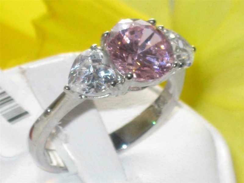 Jewellery Kingdom Three Stone Anniversary Cubic Zirconia Stainless Steel Sapphire Ladies Pink Ring - Jewelry Rings - British D'sire Main image