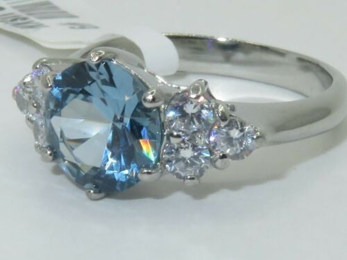 Jewellery Kingdom Three Stone Blue Topaz Anniversary Cubic Zirconia Stainless Silver 3 Carat Ring (Silver) - Jewelry Rings - British D'sire