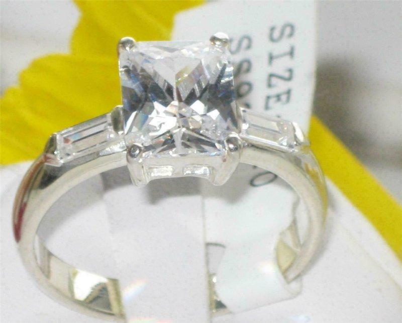 Jewellery Kingdom Three Stone Cubic Zirconia Clear Baguette Sterling Silver Emerald Ring - Jewelry Rings - British D'sire