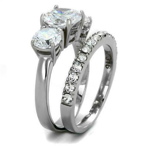Jewellery Kingdom Three Stone Cubic Zirconia Ladies Engagement Wedding Stainless Steel Anniversary Ring Set - Engagement Rings - British D'sire