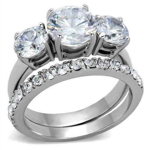Jewellery Kingdom Three Stone Cubic Zirconia Ladies Engagement Wedding Stainless Steel Anniversary Ring Set - Engagement Rings - British D'sire Main image