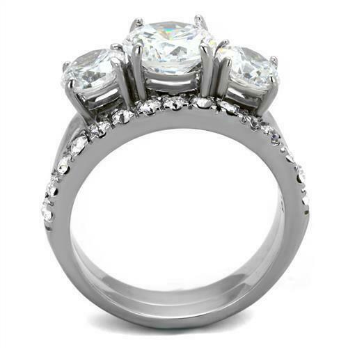 Jewellery Kingdom Three Stone Cubic Zirconia Ladies Engagement Wedding Stainless Steel Anniversary Ring Set - Engagement Rings - British D'sire