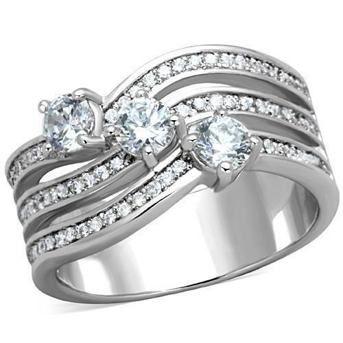 Jewellery Kingdom Three Stone Cubic Zirconia Stainless Steel Ladies Silver Solitaires Ring Band - Jewelry Rings - British D'sire Main image