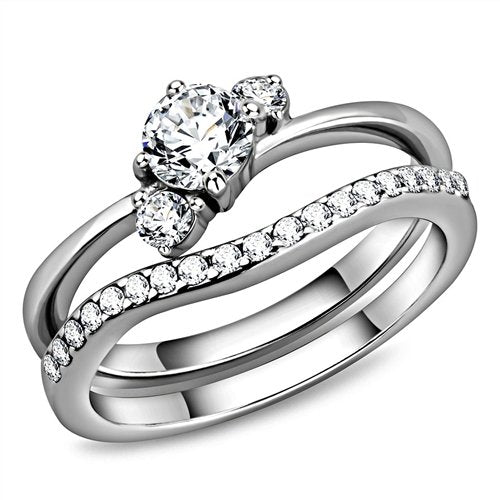 Jewellery Kingdom Three Stone Set Cubic Zirconia Engagement Wedding Band Stainless Steel Ring (Silver) - Jewelry Rings - British D'sire Main image