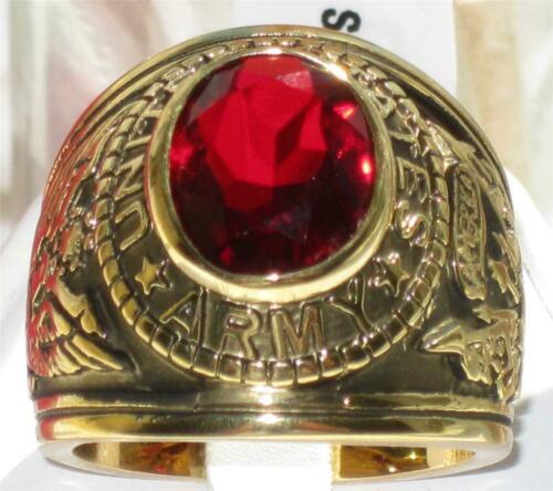 Jewellery Kingdom Unites States Ruby Oval Cubic Zirconia Signet Pinky Steel Mens Army Ring (Red & Gold) - Rings - British D'sire Main image